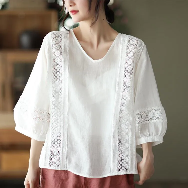 Relaxed Fit V Neck Puff Sleeves Linen Top