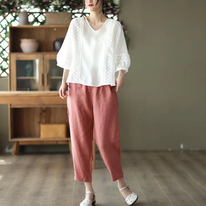 Relaxed Fit V Neck Puff Sleeves Linen Top