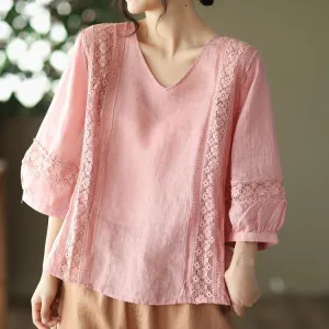 Relaxed Fit V Neck Puff Sleeves Linen Top