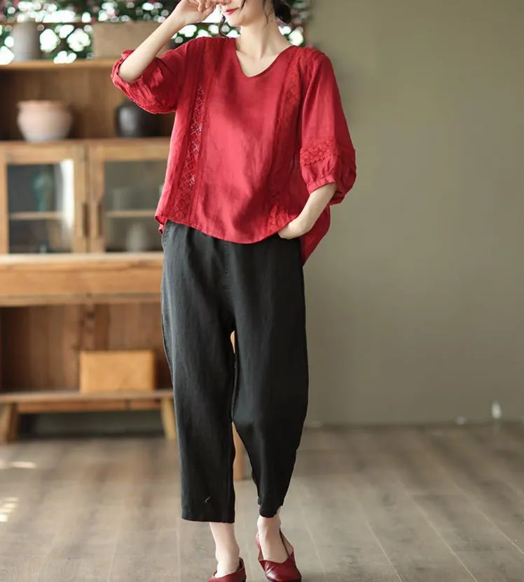 Relaxed Fit V Neck Puff Sleeves Linen Top