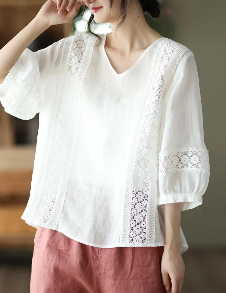 Relaxed Fit V Neck Puff Sleeves Linen Top