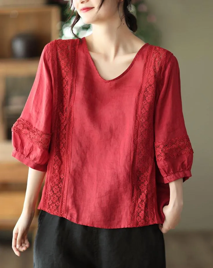 Relaxed Fit V Neck Puff Sleeves Linen Top