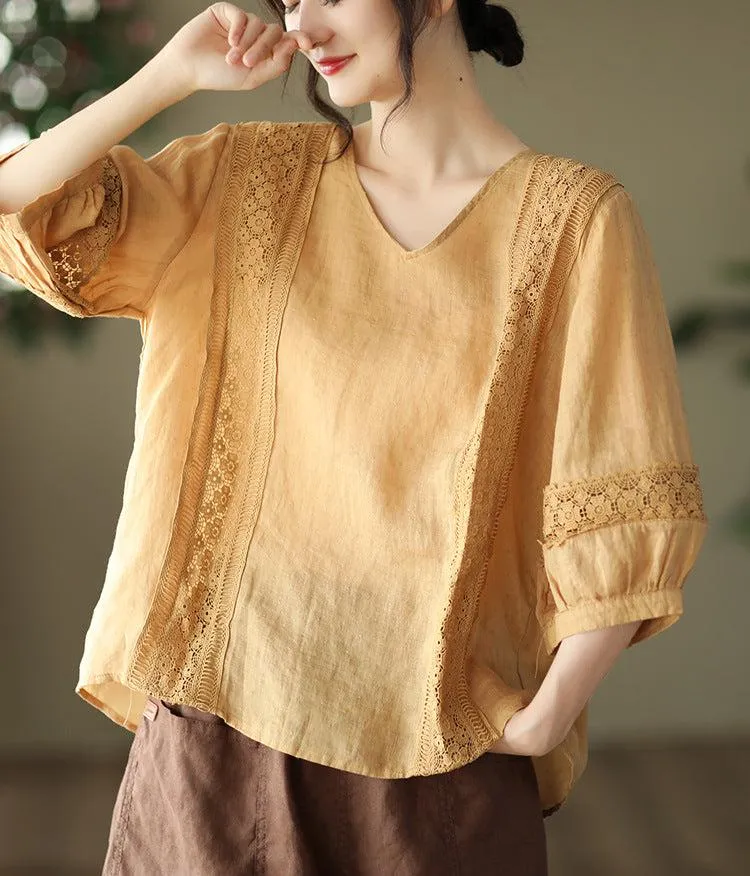 Relaxed Fit V Neck Puff Sleeves Linen Top