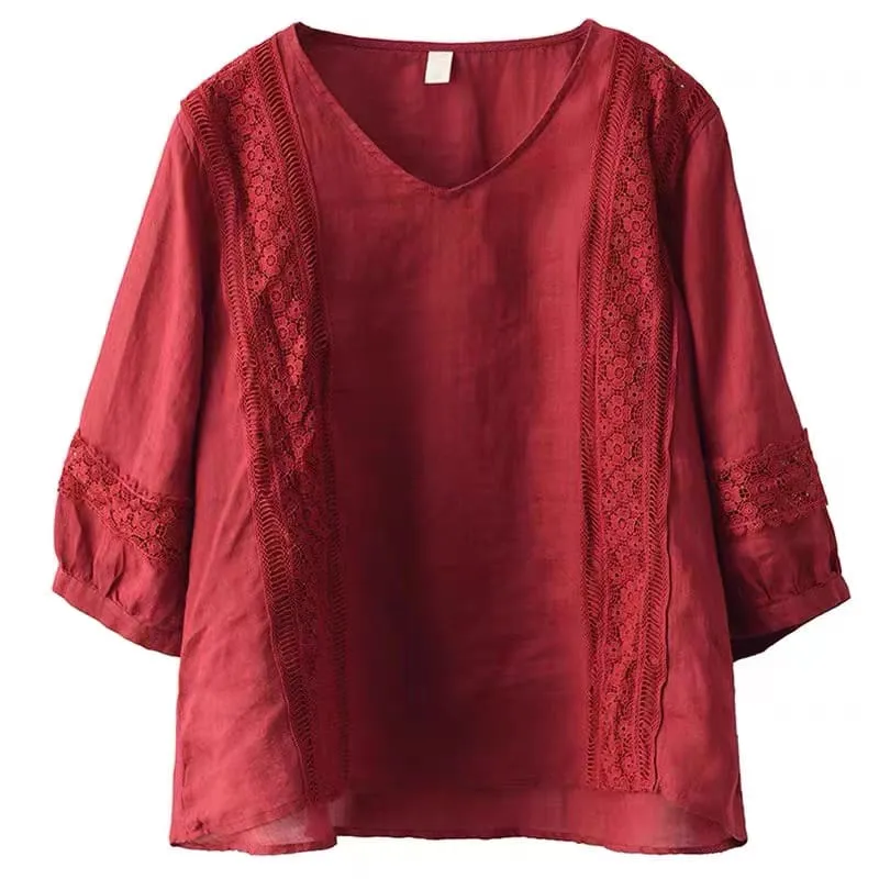 Relaxed Fit V Neck Puff Sleeves Linen Top