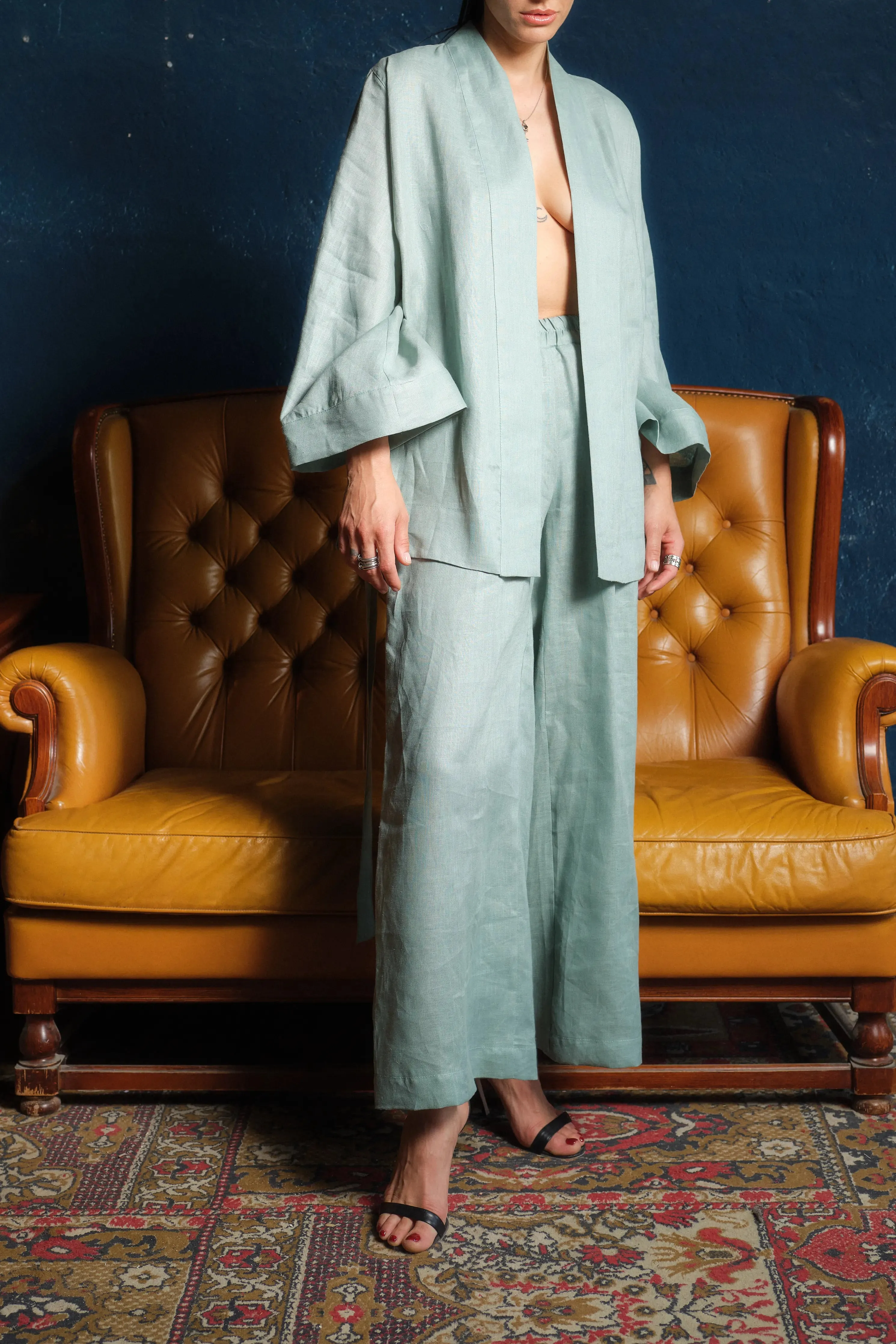 Wide Leg Elastic Waist Women's Linen Pants - Green Tea