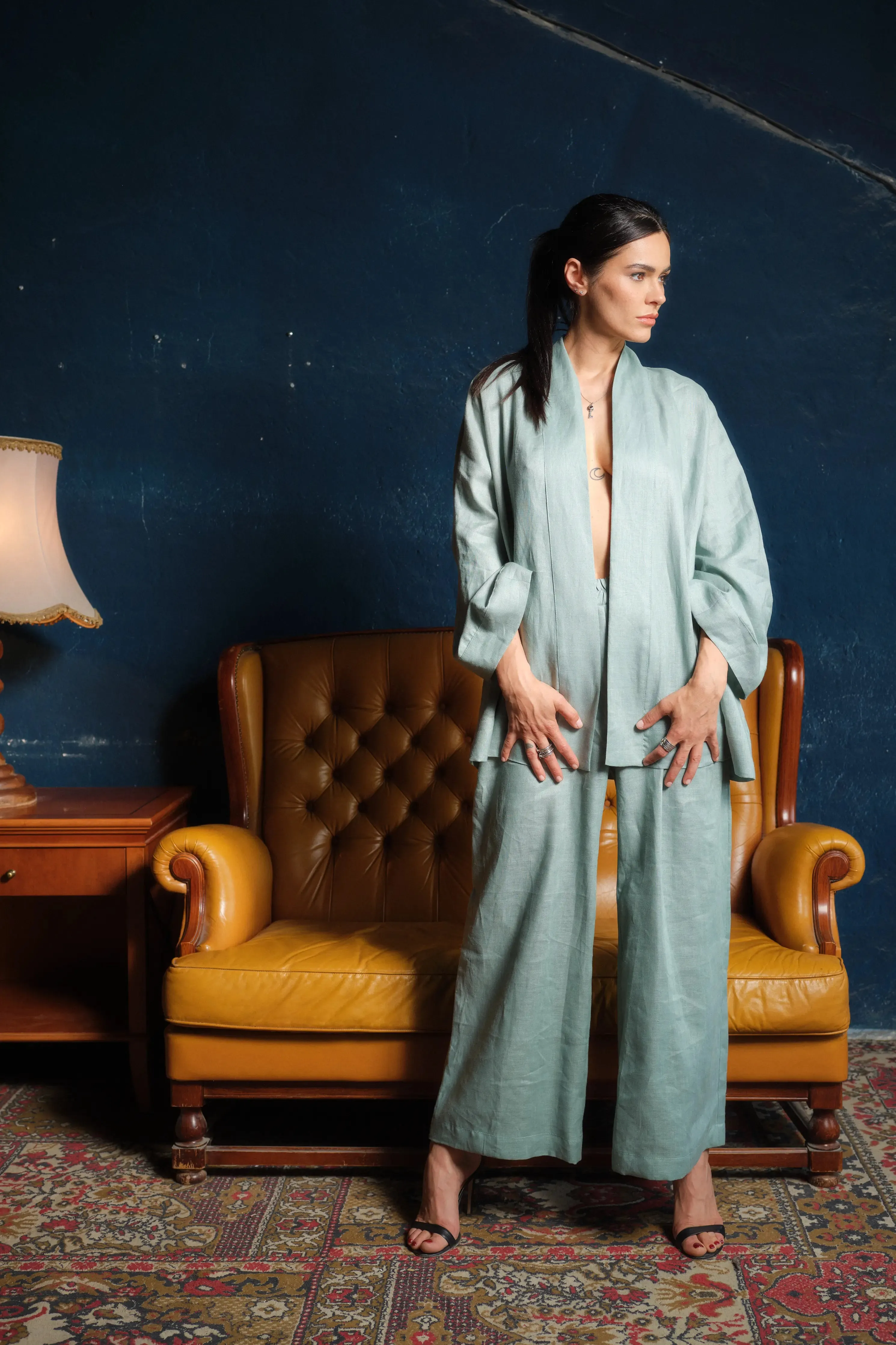 Wide Leg Elastic Waist Women's Linen Pants - Green Tea