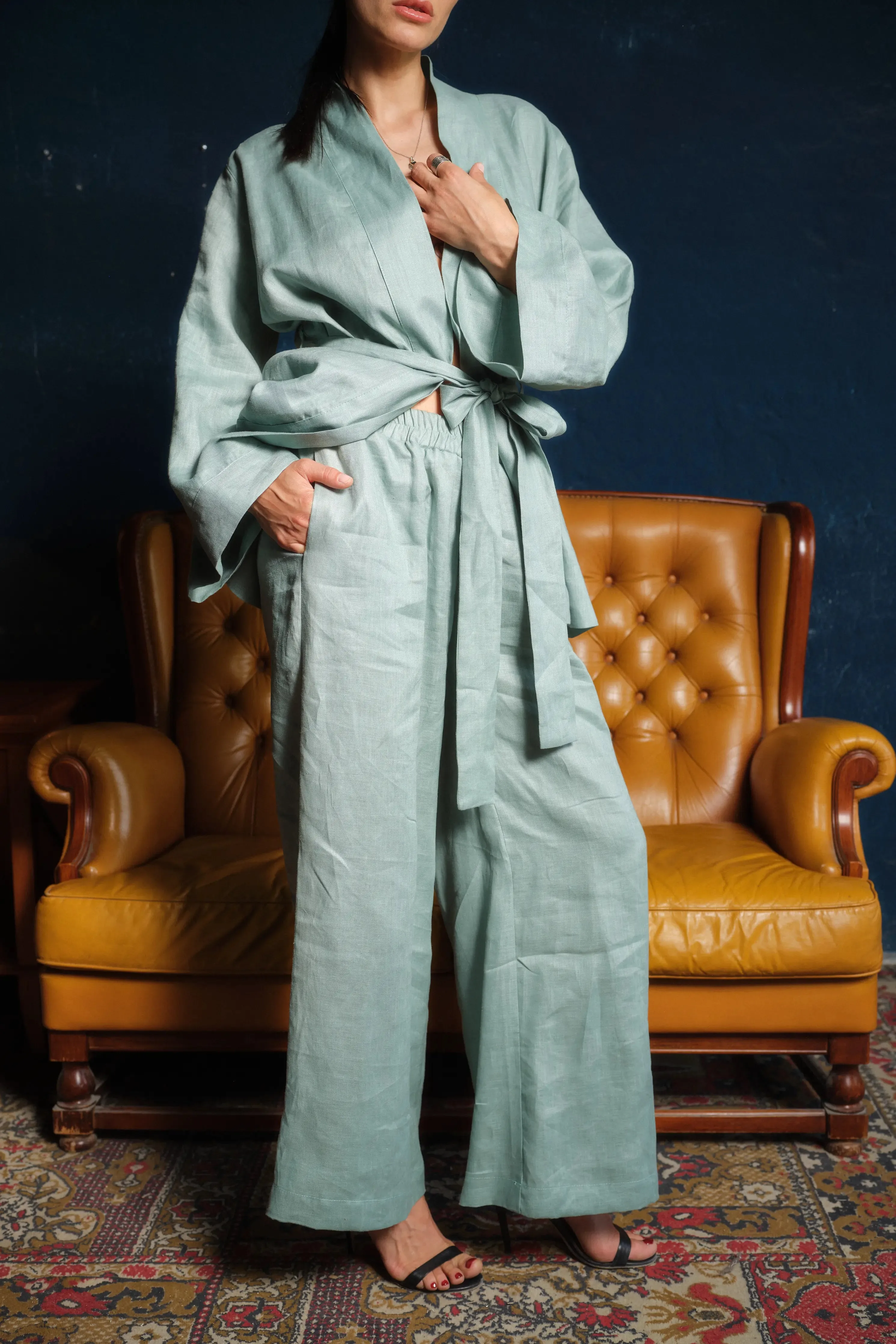 Wide Leg Elastic Waist Women's Linen Pants - Green Tea