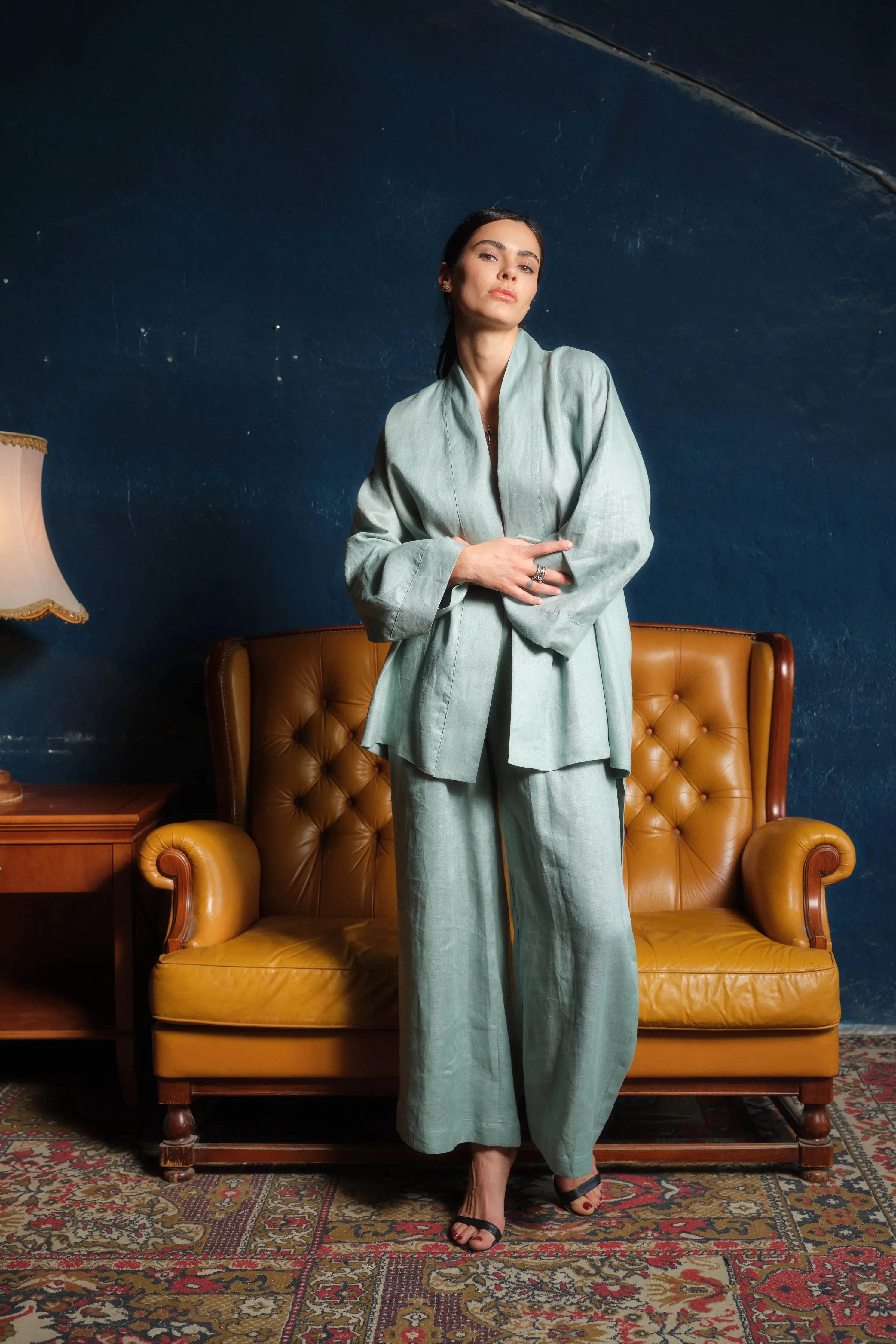 Wide Leg Elastic Waist Women's Linen Pants - Green Tea