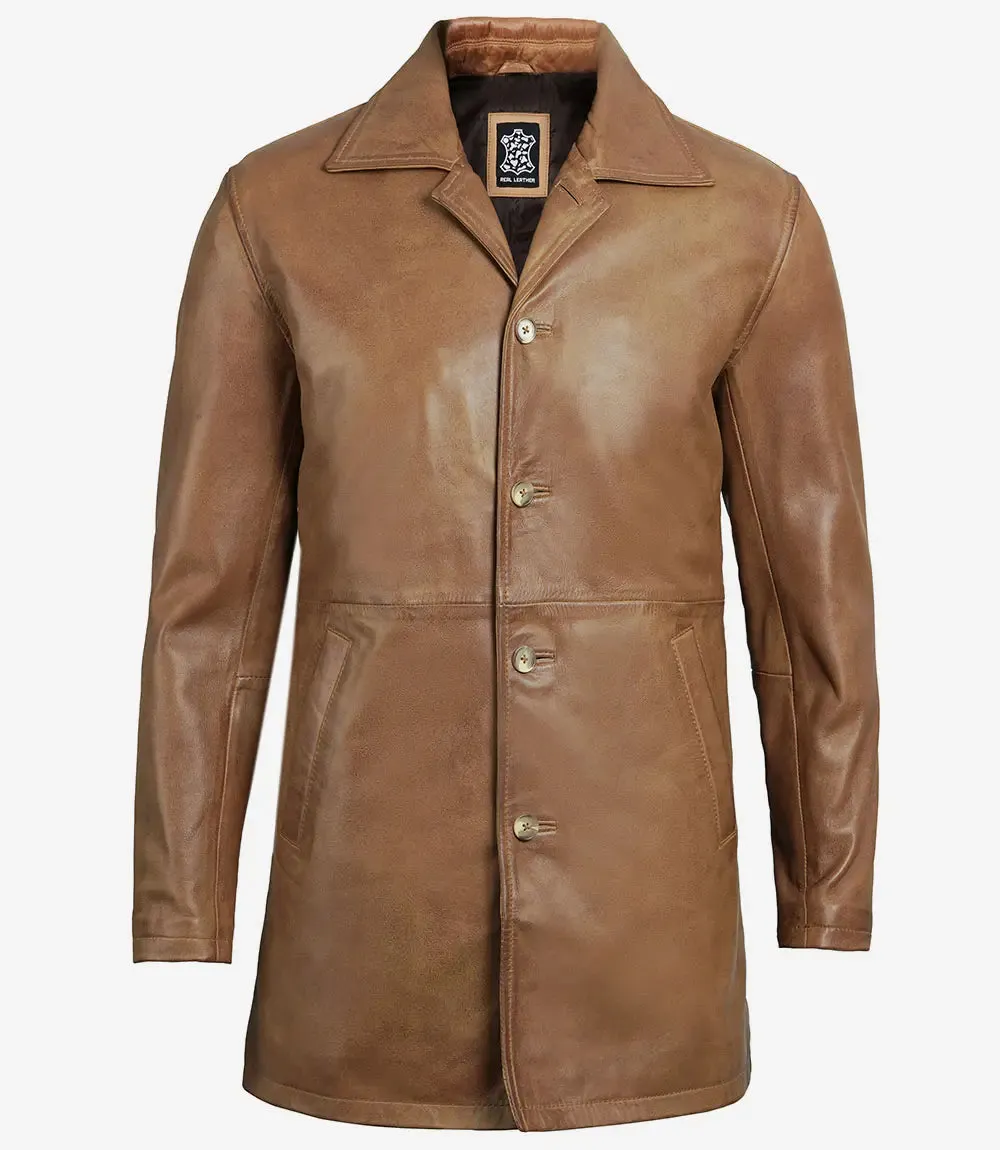 Winchester Men's Camel Brown 3/4-Length Leather Car Coat