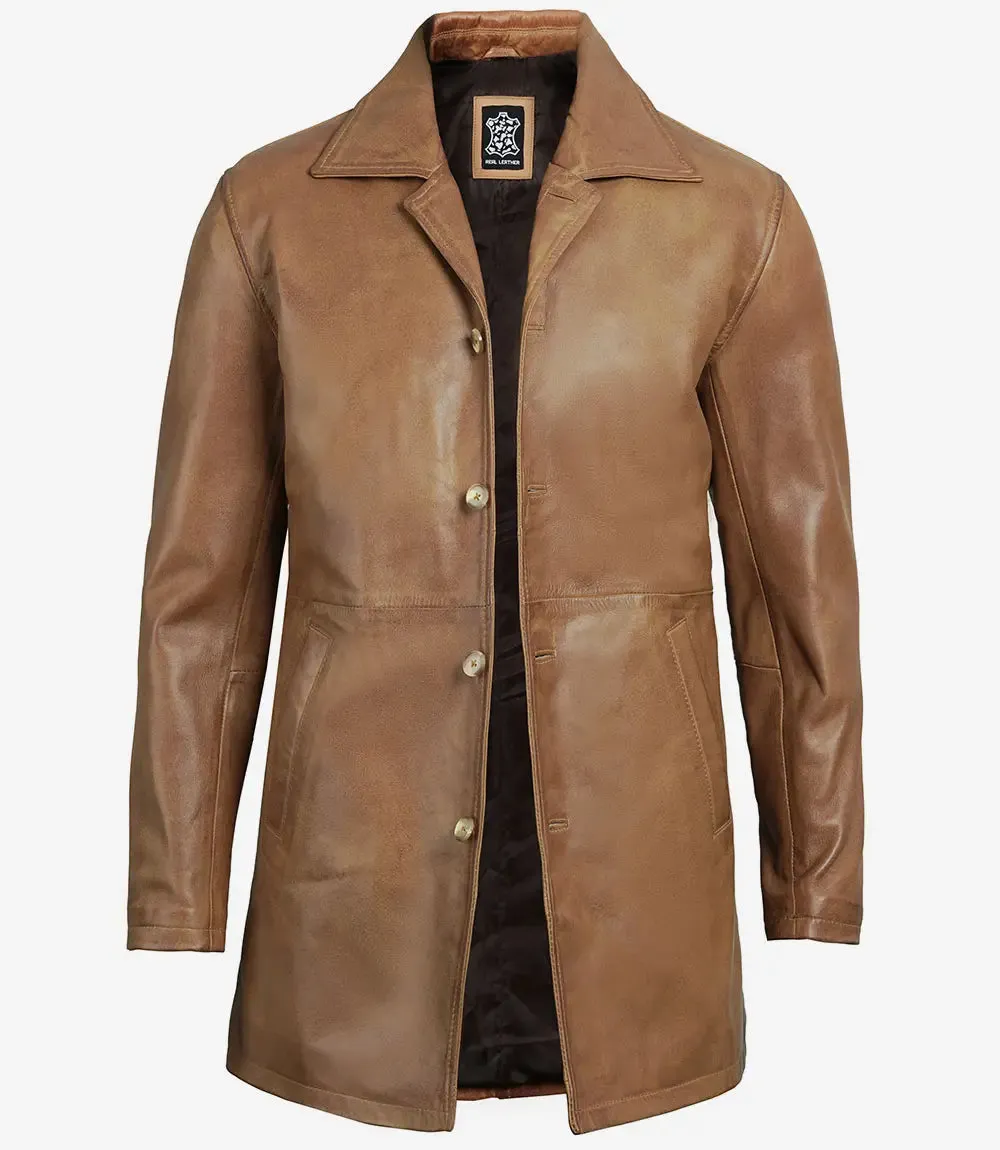 Winchester Men's Camel Brown 3/4-Length Leather Car Coat