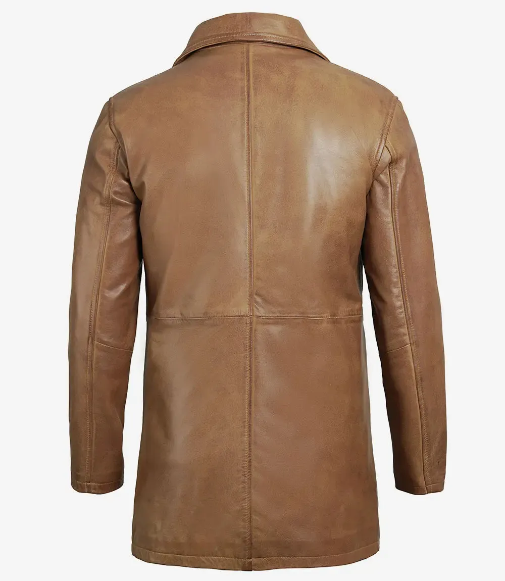 Winchester Men's Camel Brown 3/4-Length Leather Car Coat