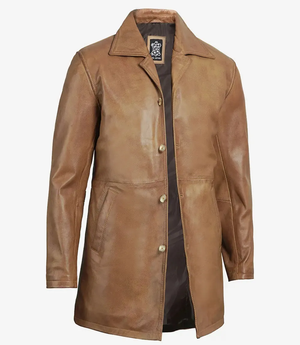 Winchester Men's Camel Brown 3/4-Length Leather Car Coat