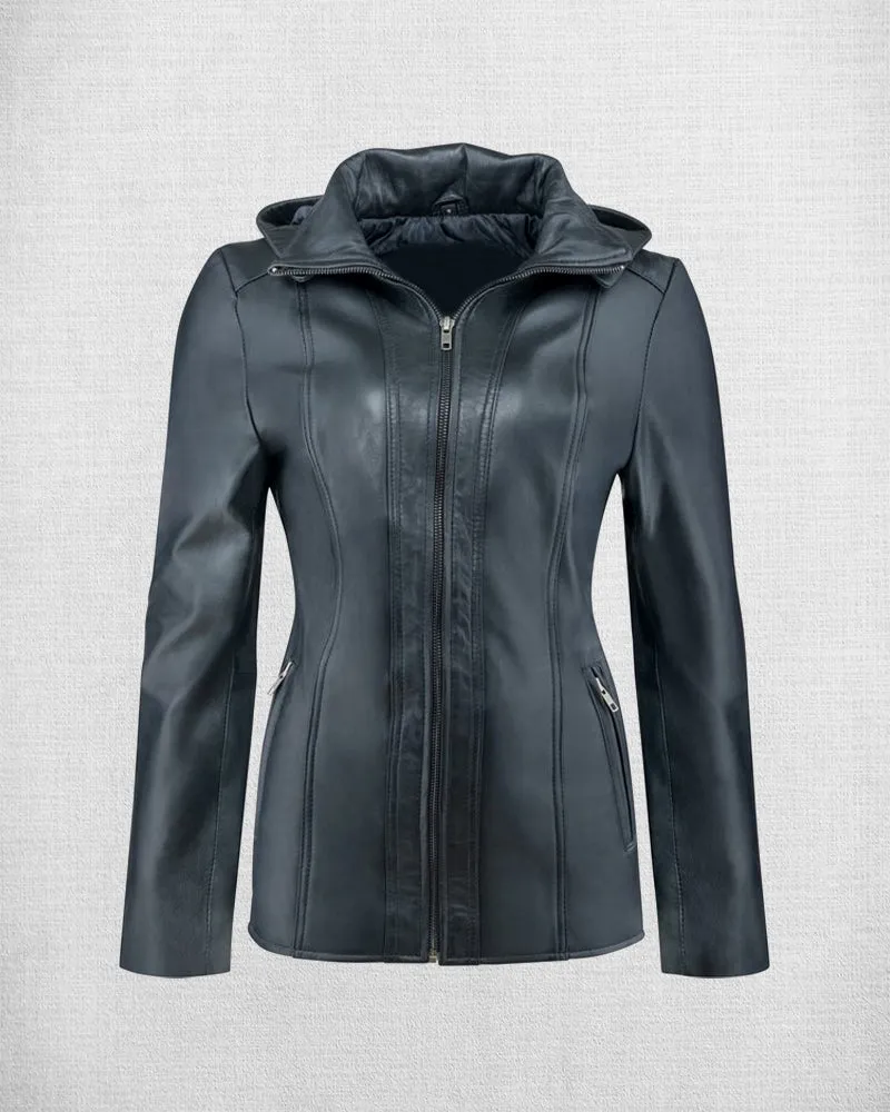 Women Hooded Black Biker Jacket