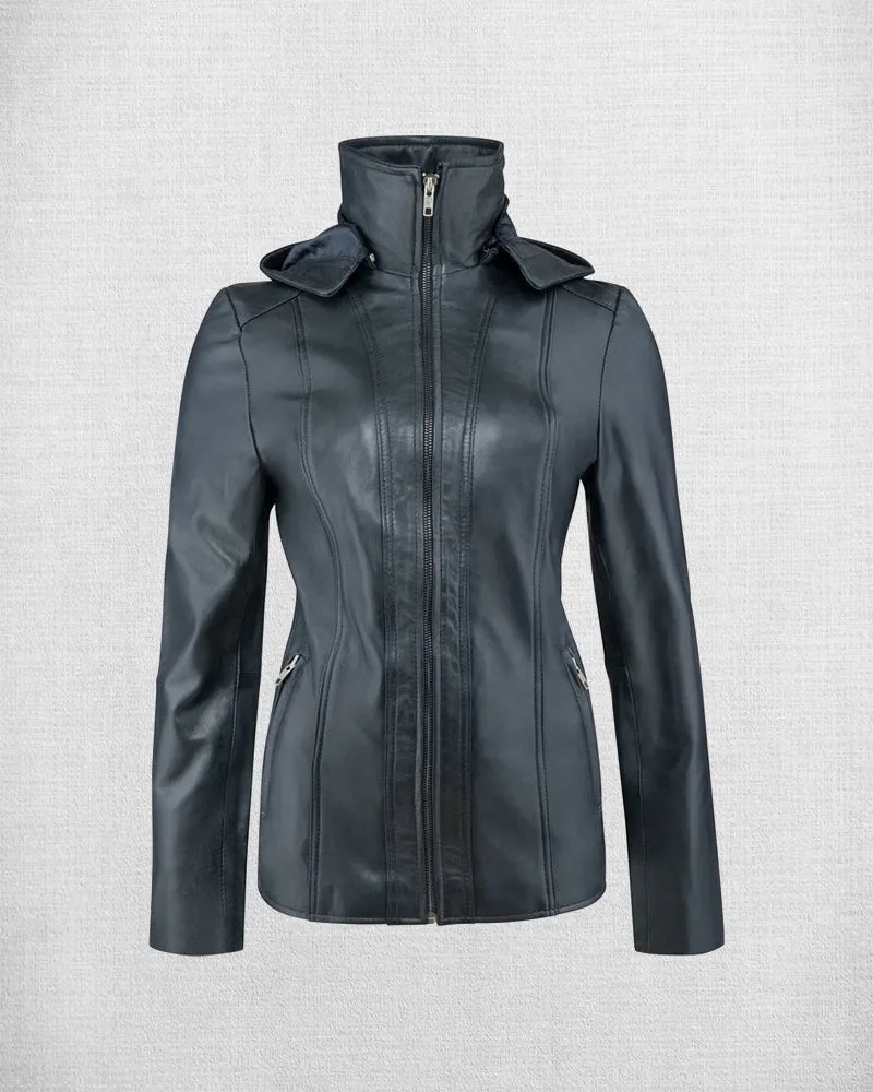 Women Hooded Black Biker Jacket