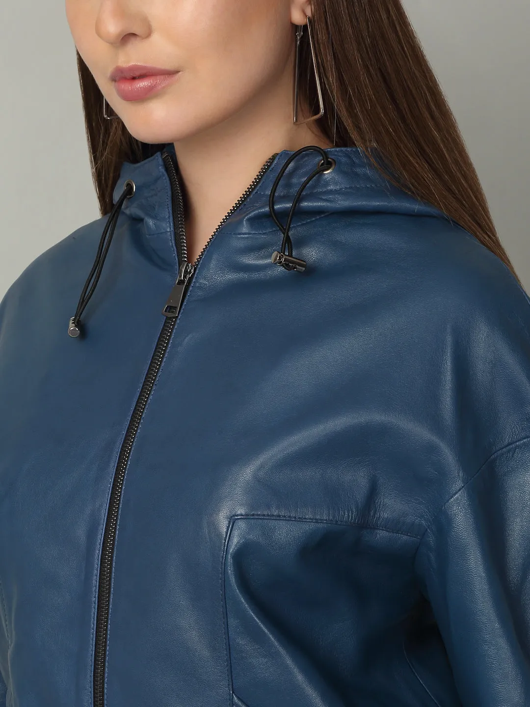 Women's Blue Leather Hooded Jacket