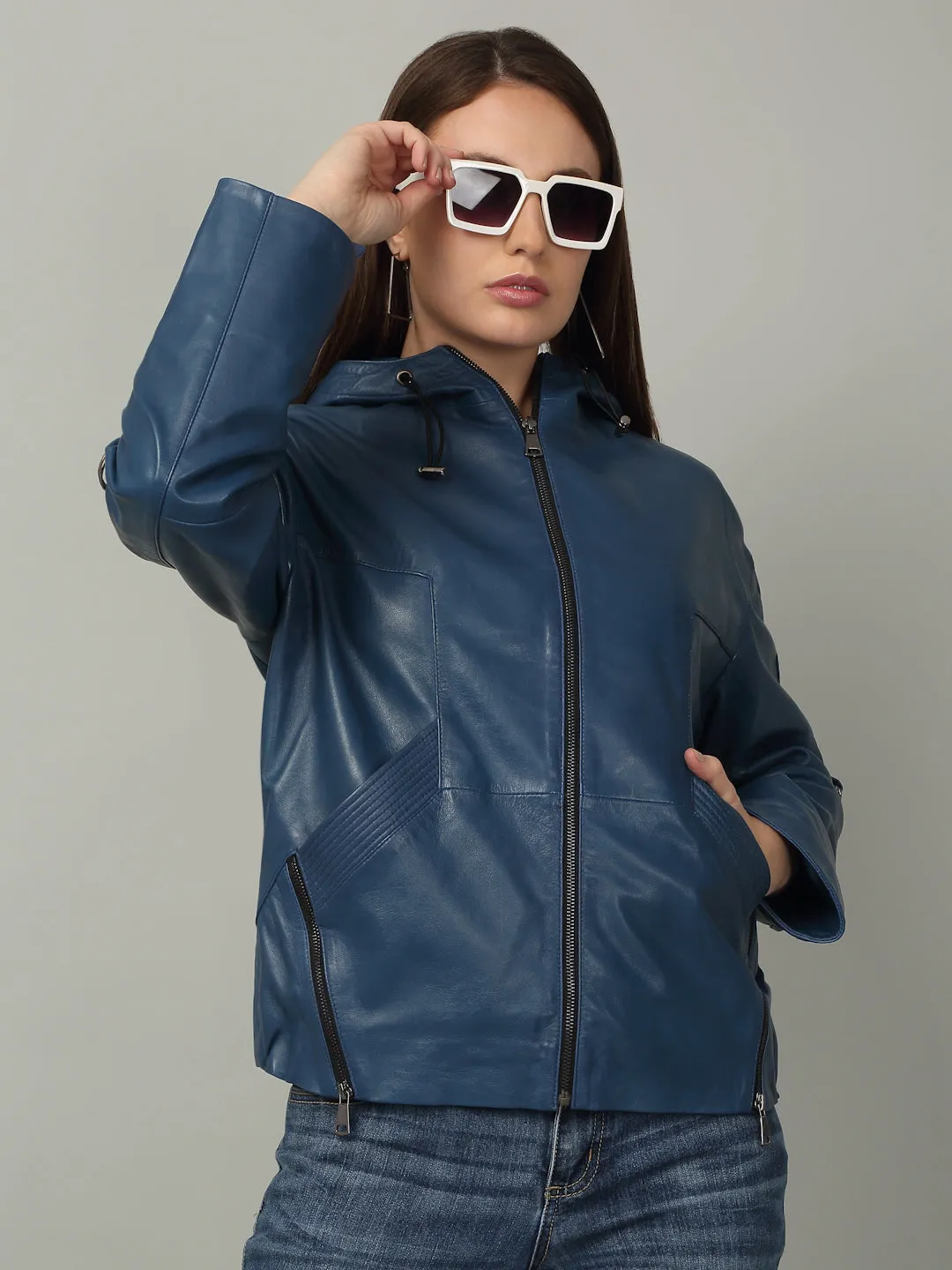 Women's Blue Leather Hooded Jacket