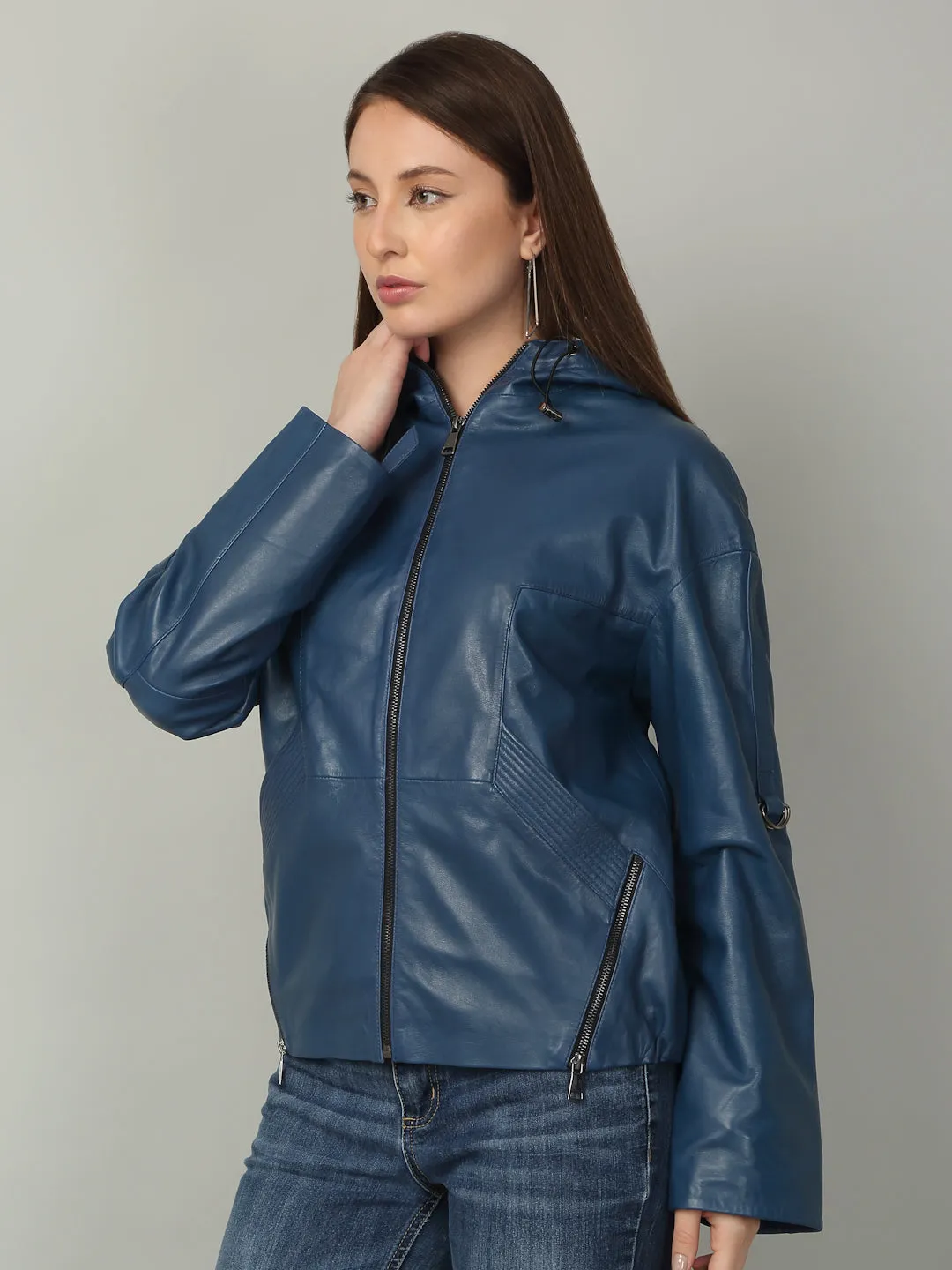 Women's Blue Leather Hooded Jacket