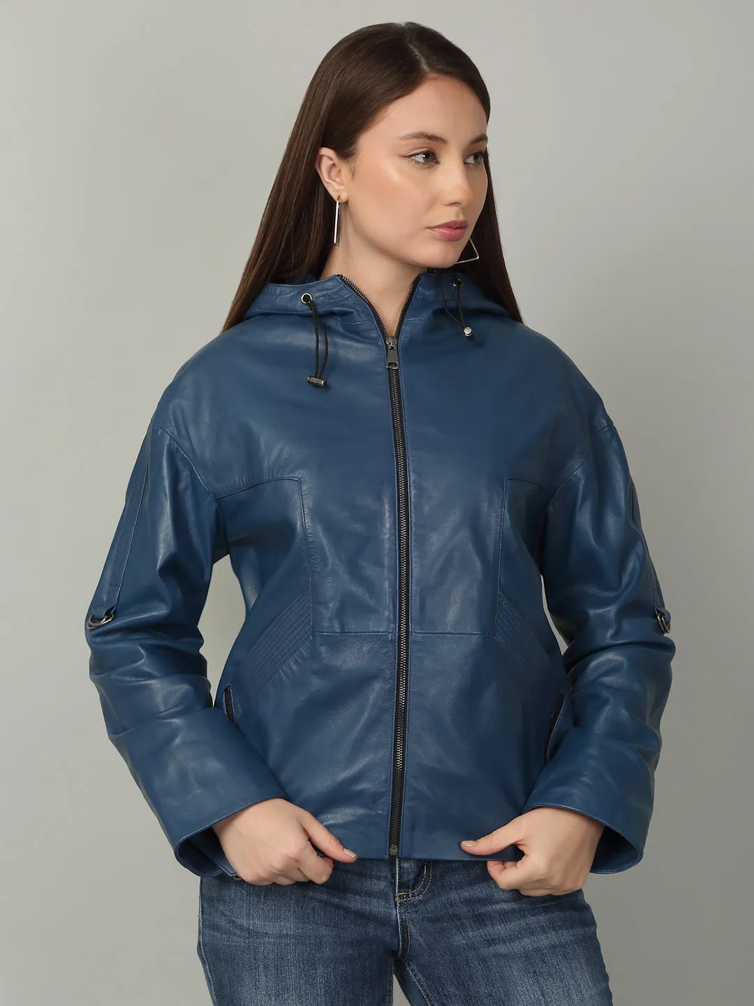 Women's Blue Leather Hooded Jacket