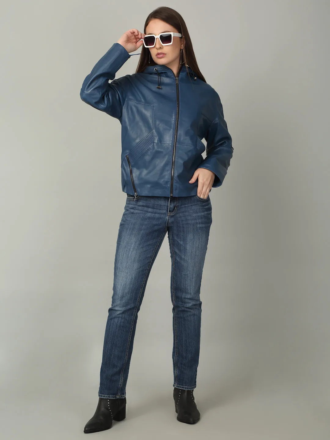 Women's Blue Leather Hooded Jacket