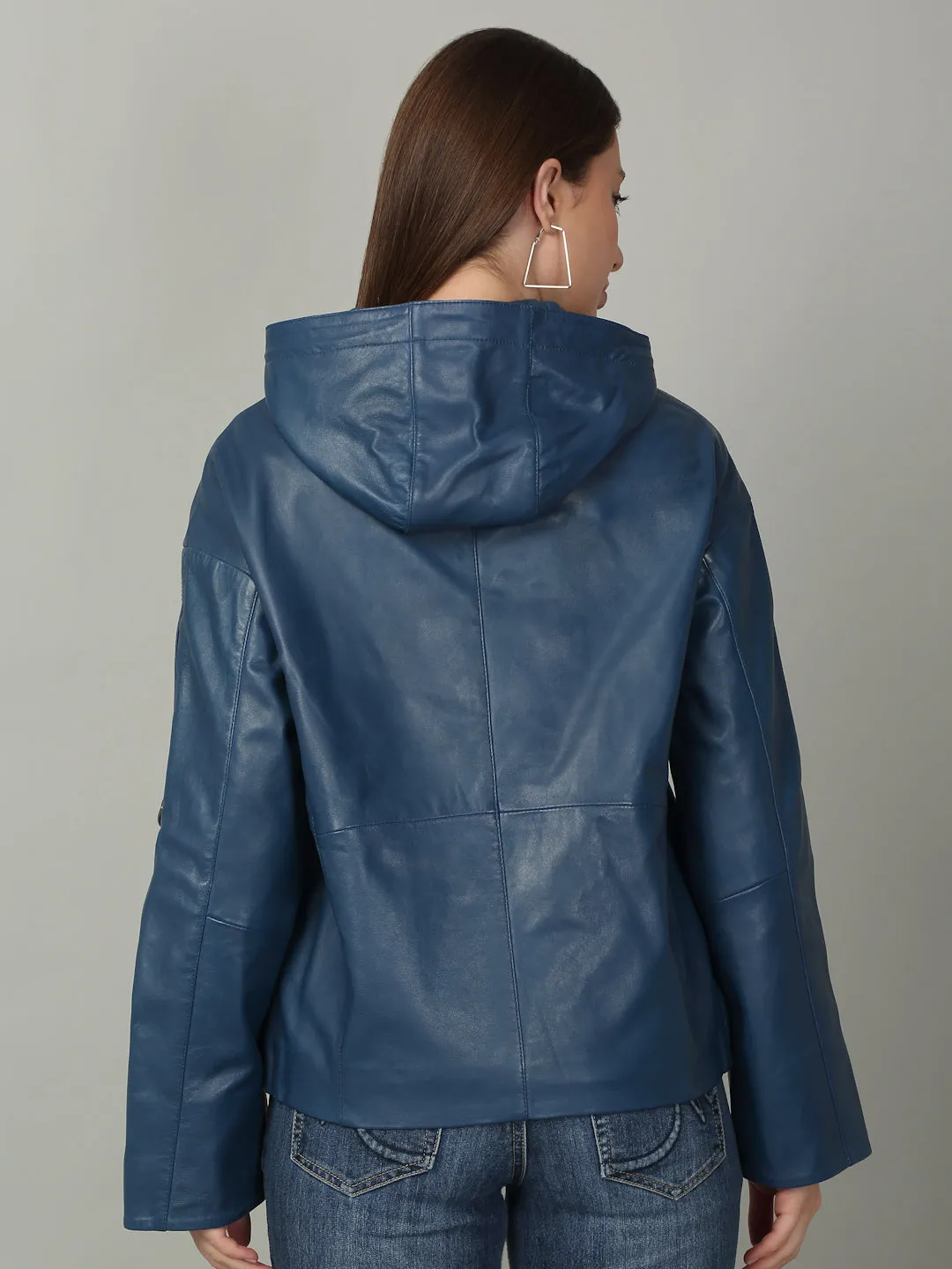 Women's Blue Leather Hooded Jacket