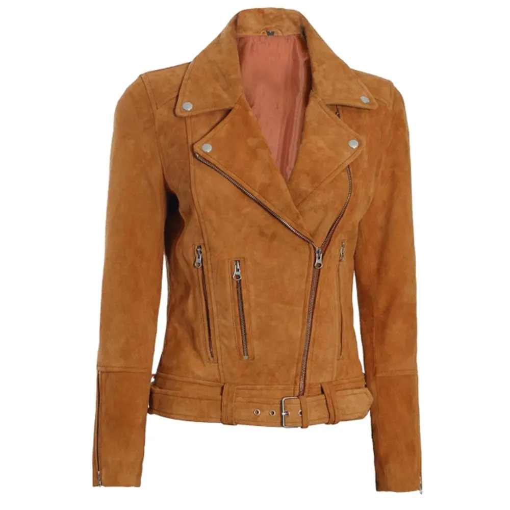 Womens Brown Asymmetrical Suede Biker Jacket