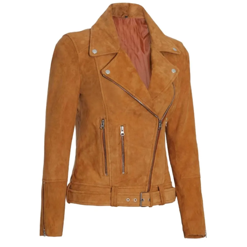Womens Brown Asymmetrical Suede Biker Jacket
