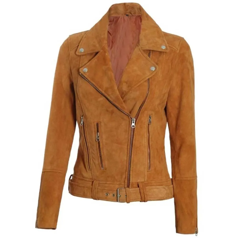 Womens Brown Asymmetrical Suede Biker Jacket