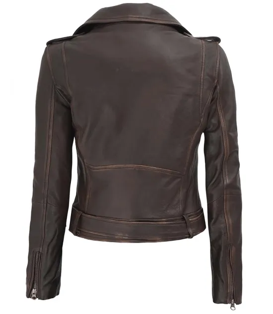 Women's Dark Brown Distressed Cropped Leather Biker Jacket