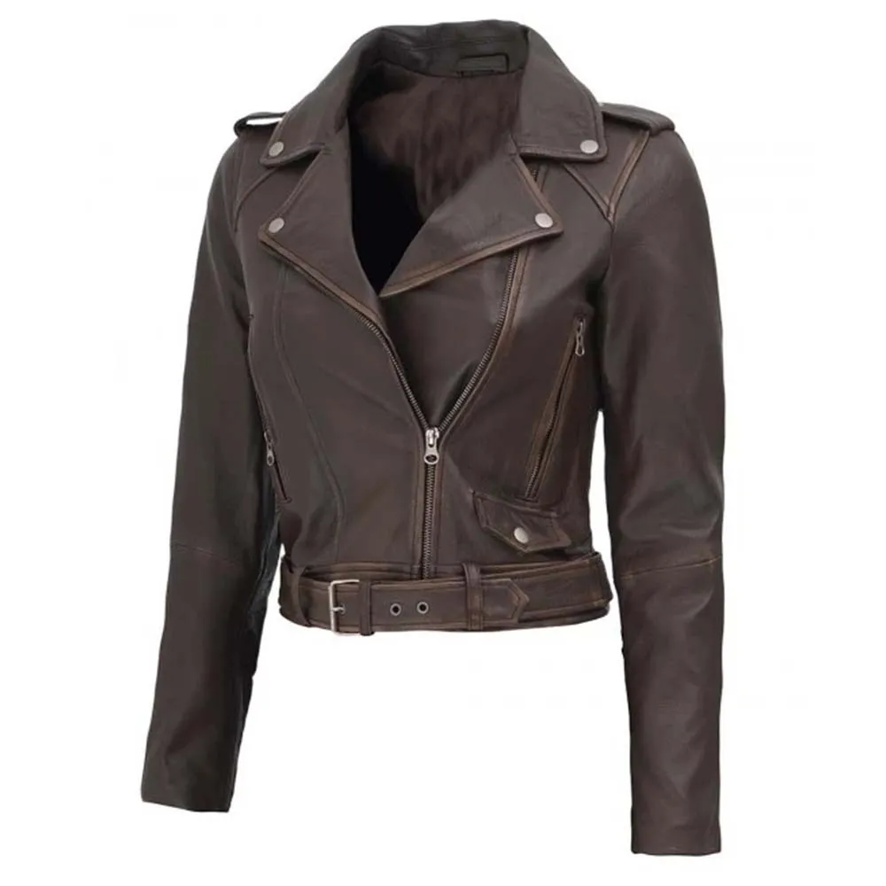 Women's Dark Brown Distressed Cropped Leather Biker Jacket