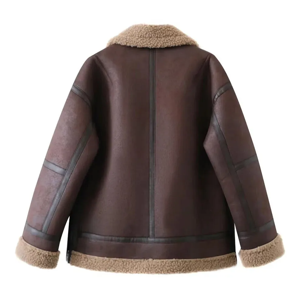 Womens Faux Shearling Motorcycle Warm Black Leather Coat