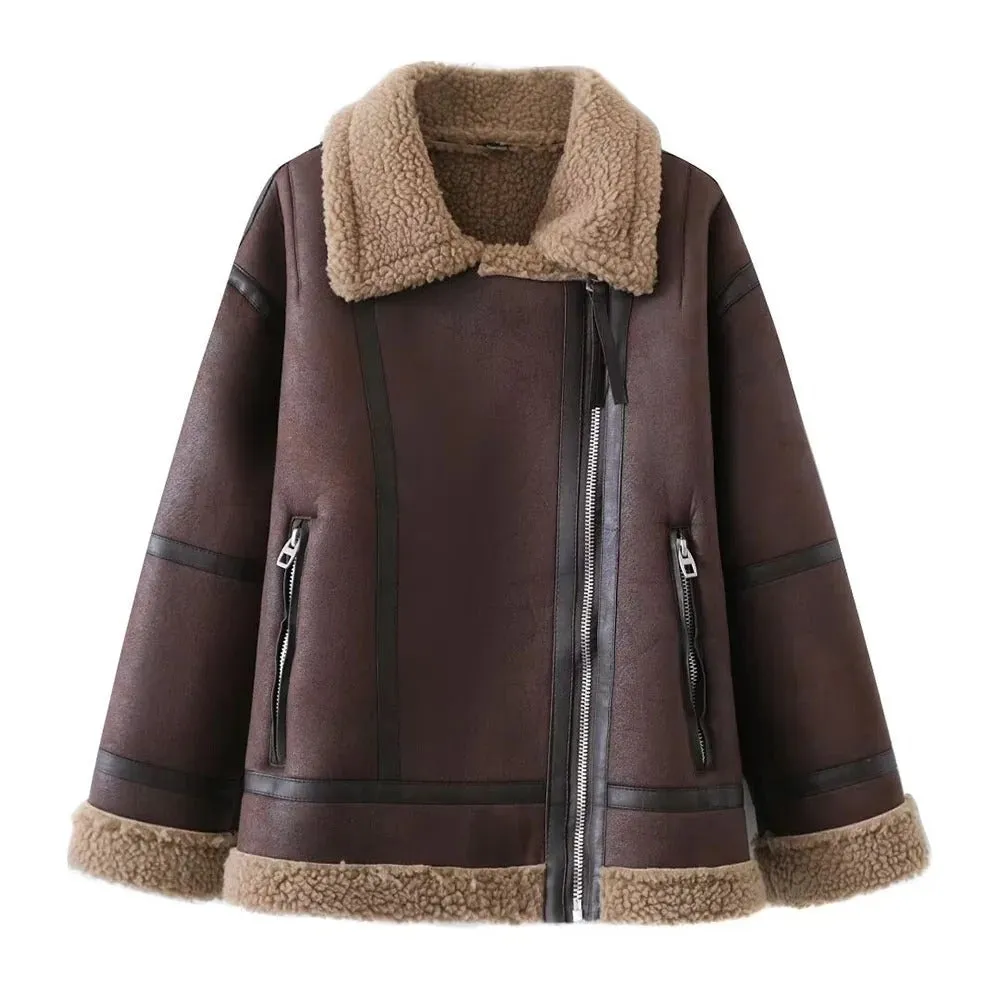 Womens Faux Shearling Motorcycle Warm Black Leather Coat