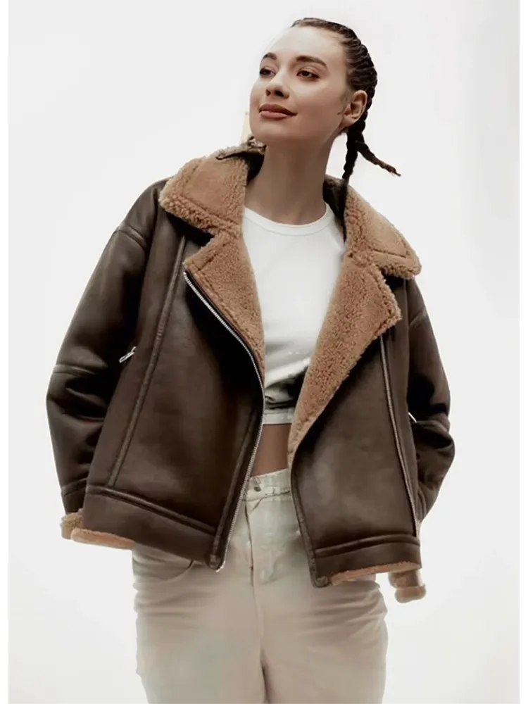 Womens Faux Shearling Motorcycle Warm Black Leather Coat