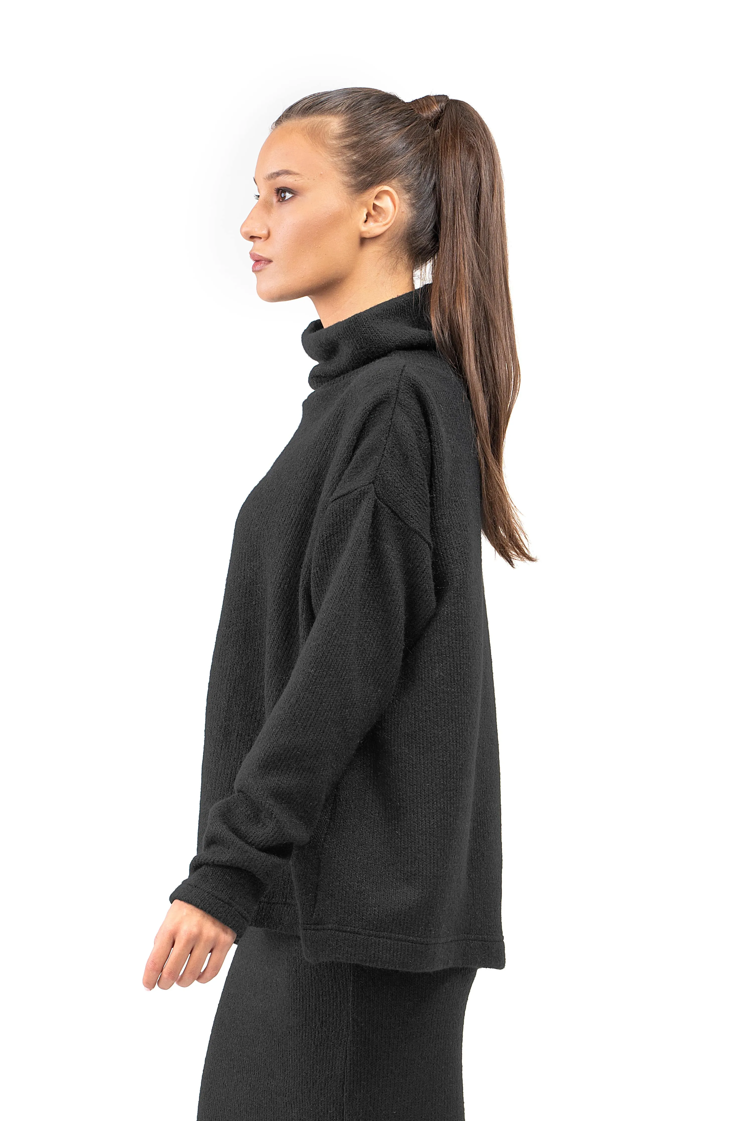 Wool Knit Set of Long Black Skirt and Oversized Blouse
