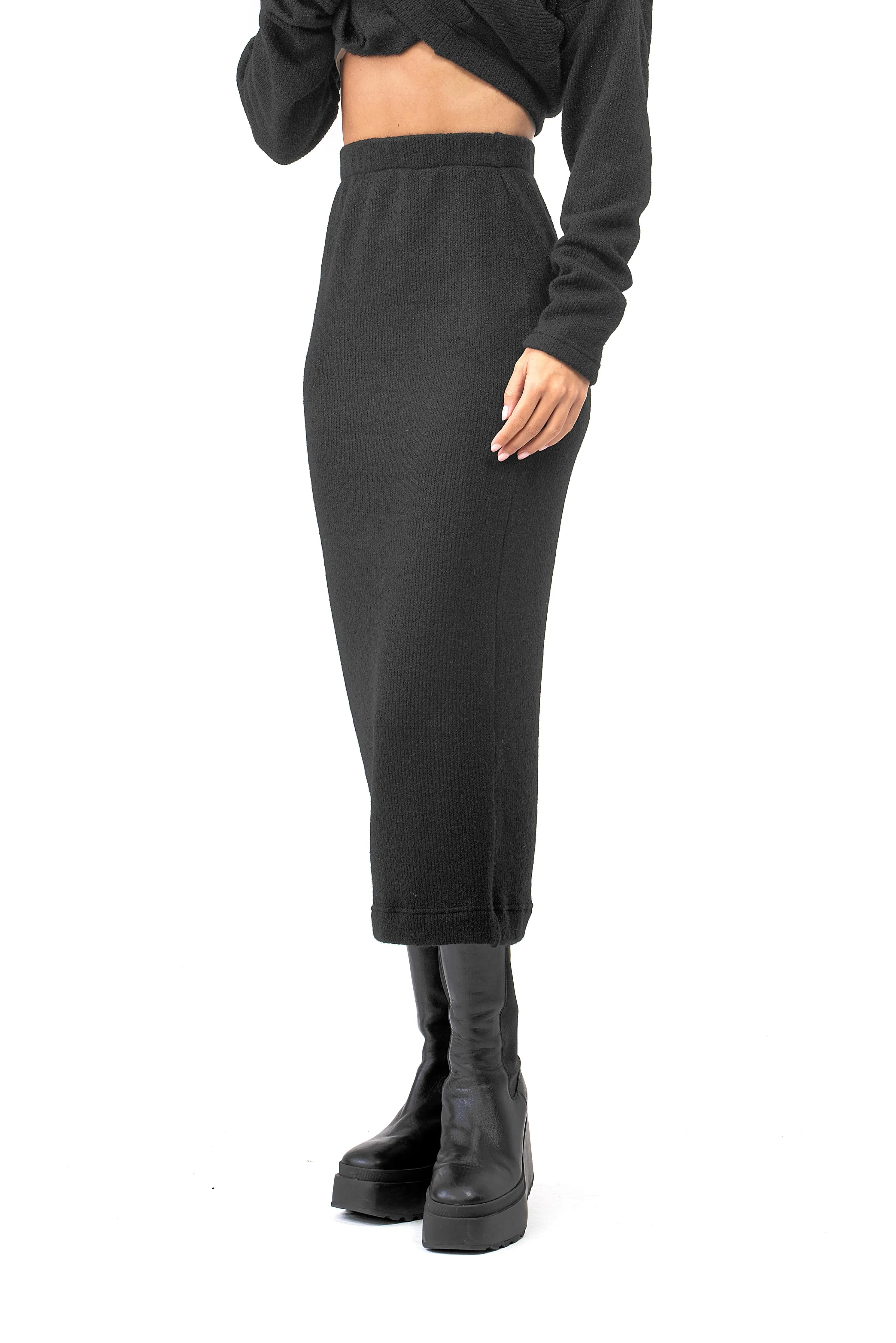 Wool Knit Set of Long Black Skirt and Oversized Blouse
