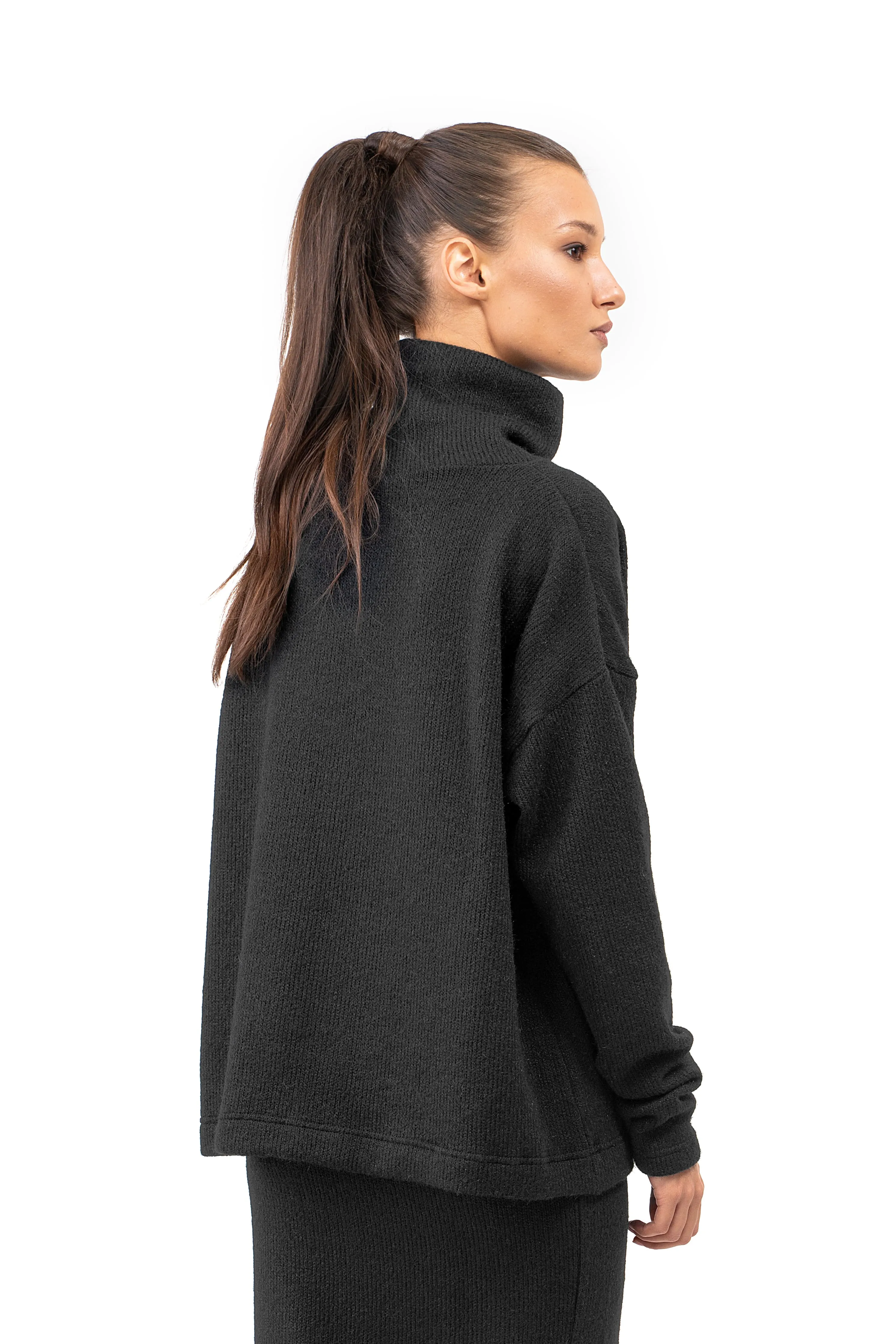 Wool Knit Set of Long Black Skirt and Oversized Blouse