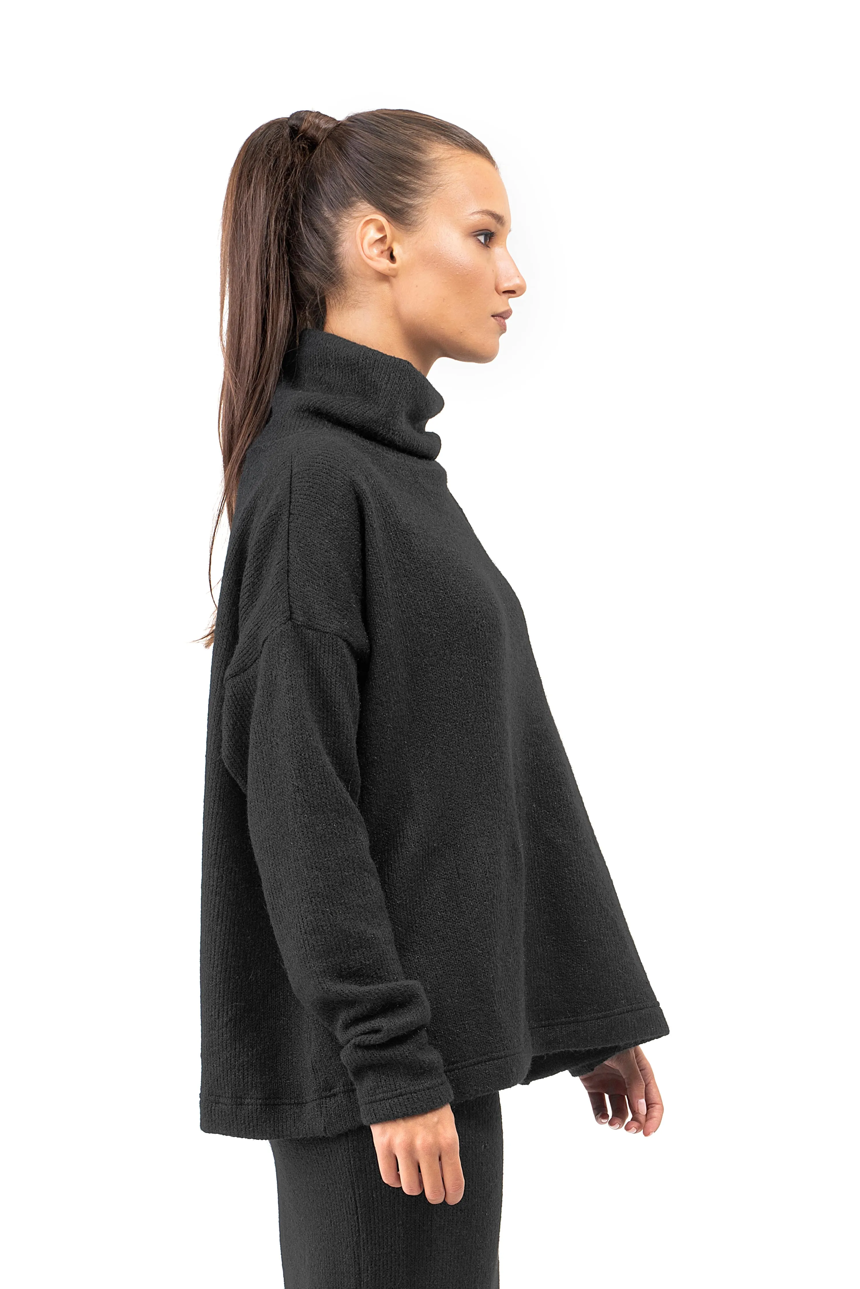 Wool Knit Set of Long Black Skirt and Oversized Blouse