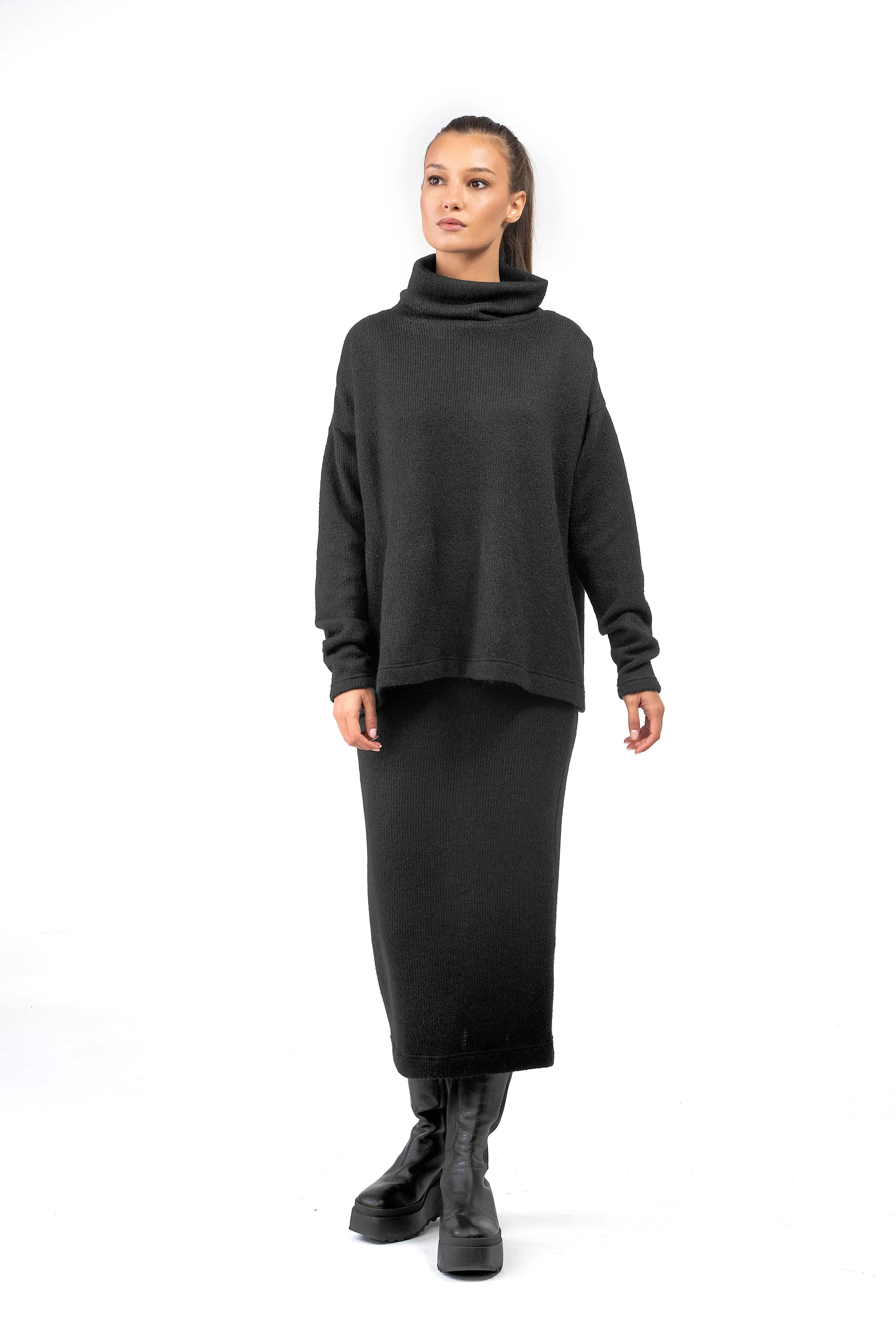 Wool Knit Set of Long Black Skirt and Oversized Blouse