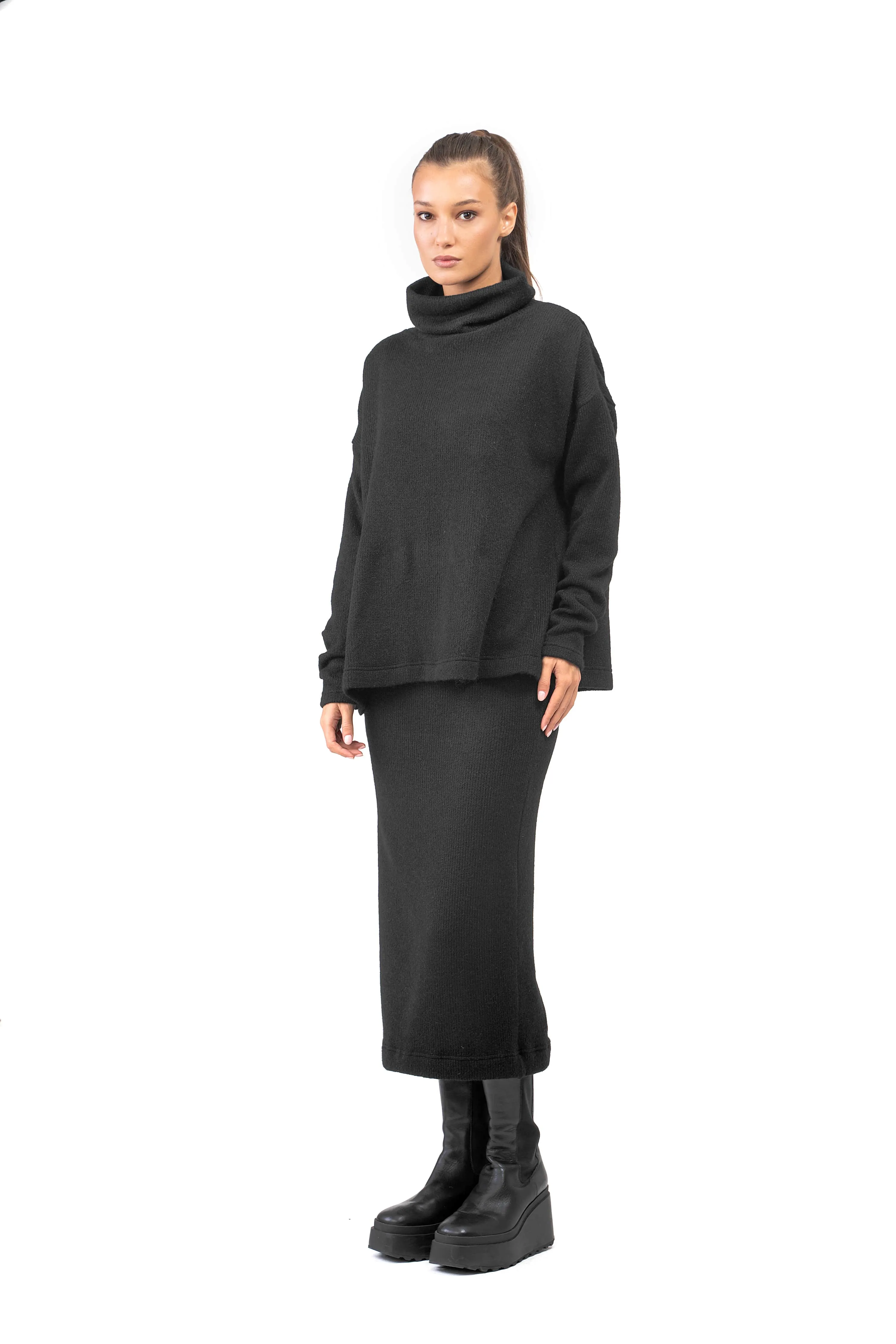 Wool Knit Set of Long Black Skirt and Oversized Blouse