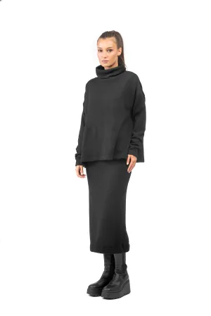 Wool Knit Set of Long Black Skirt and Oversized Blouse