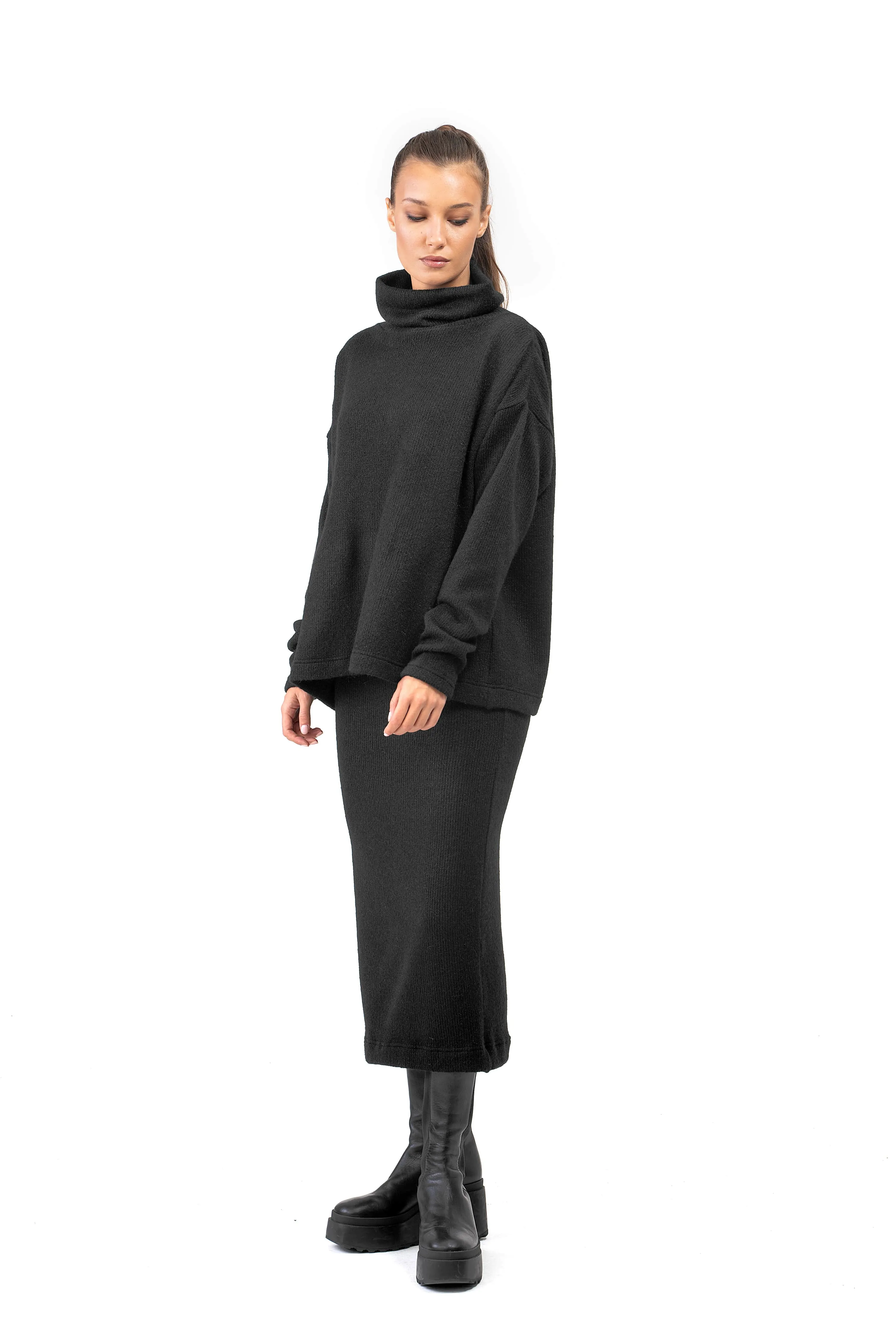 Wool Knit Set of Long Black Skirt and Oversized Blouse
