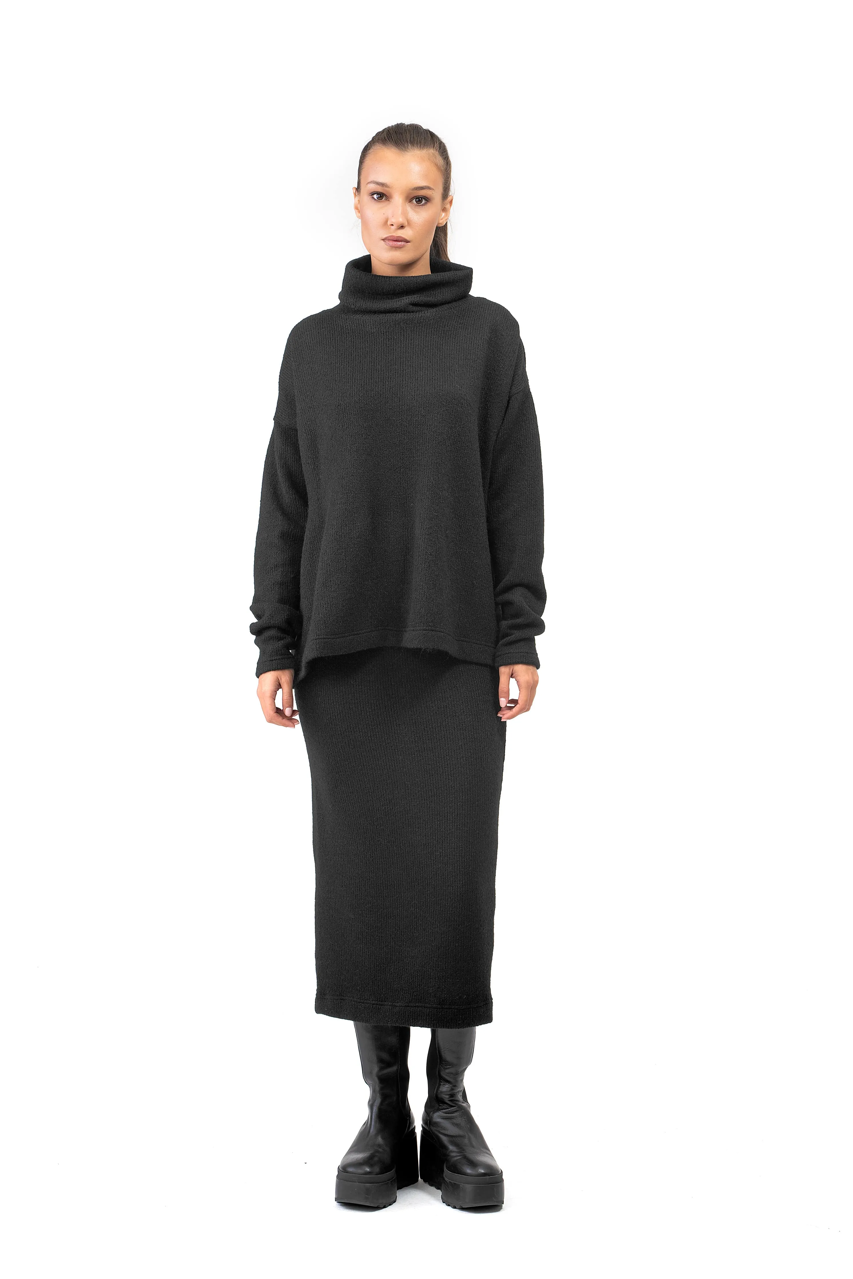 Wool Knit Set of Long Black Skirt and Oversized Blouse