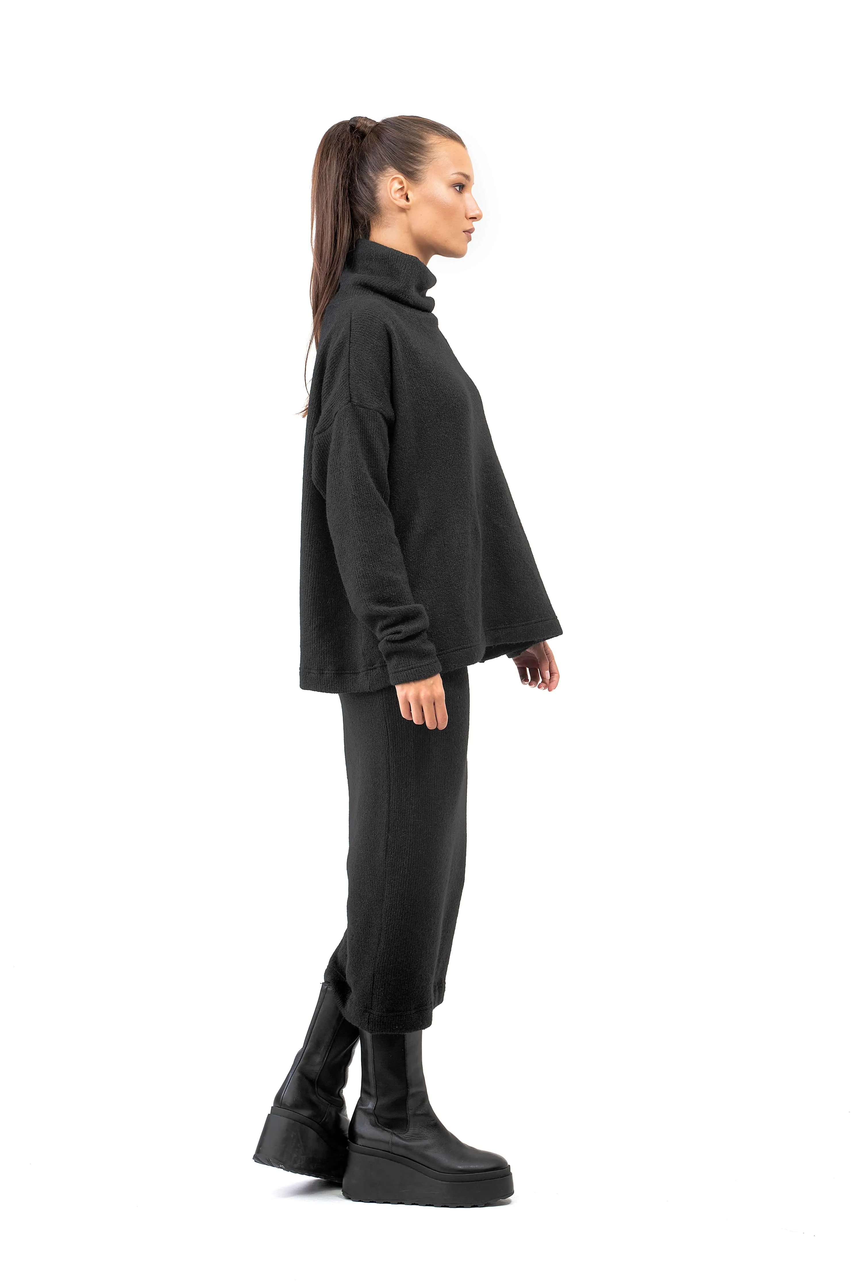 Wool Knit Set of Long Black Skirt and Oversized Blouse