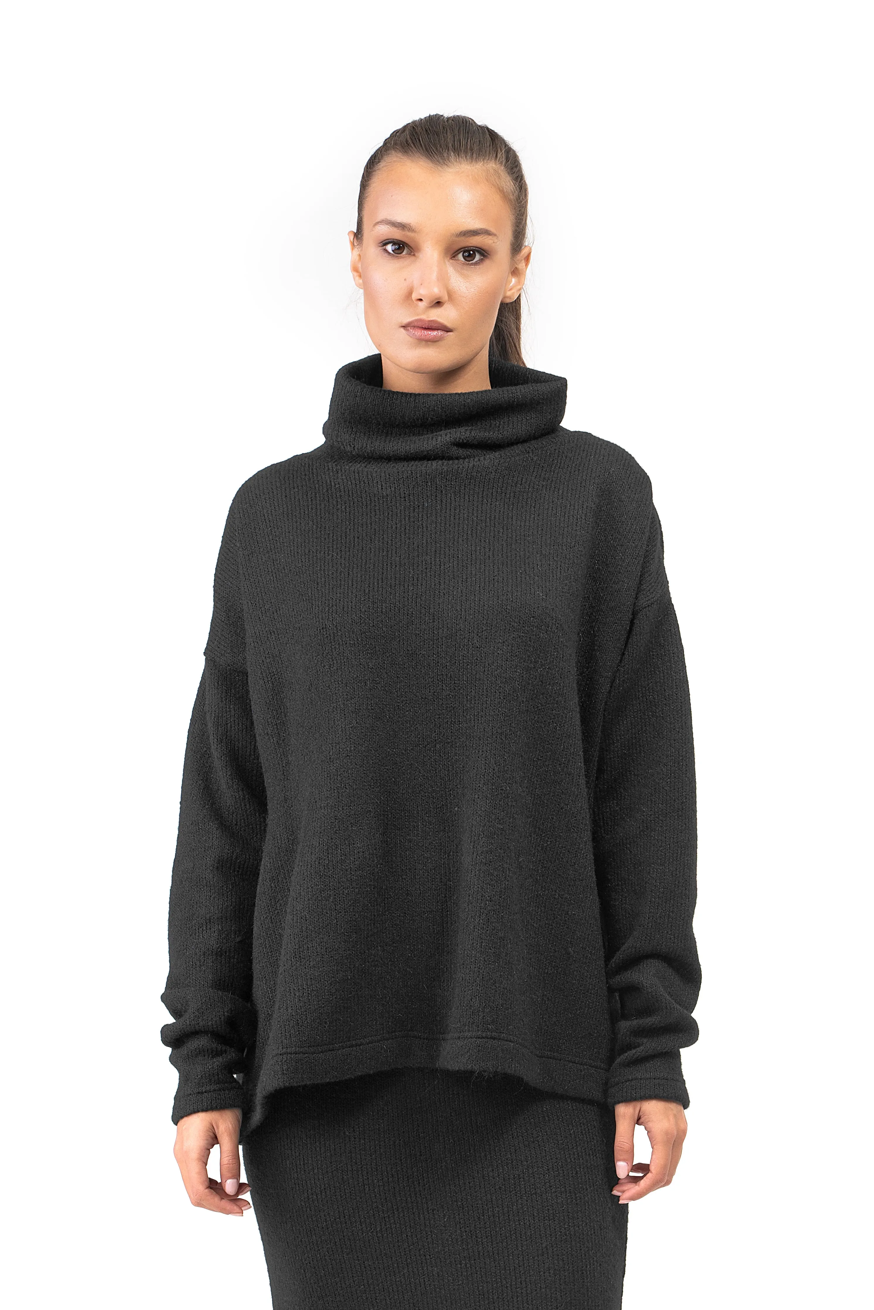 Wool Knit Set of Long Black Skirt and Oversized Blouse