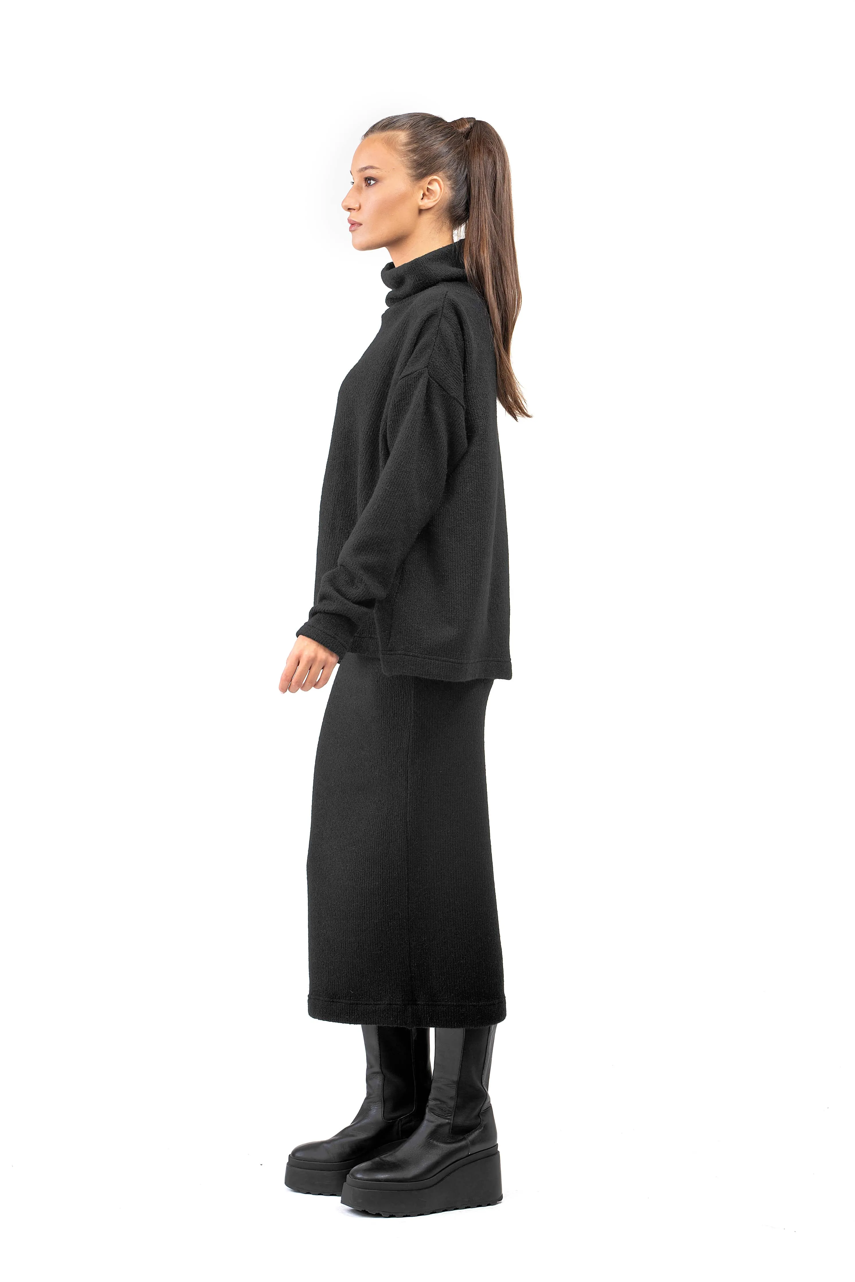 Wool Knit Set of Long Black Skirt and Oversized Blouse
