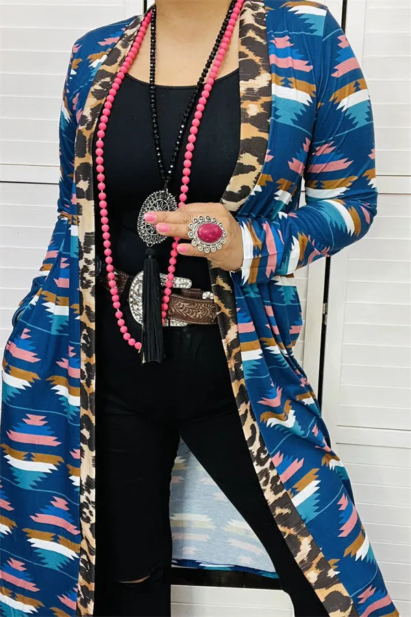 YMY9874 Aztec/leopard printed long duster women cardigan (AS7)
